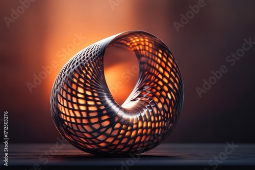 A metallic, lattice-structured torus emits a warm, orange glow, sitting on a dark surface against a gradient backdrop. 
