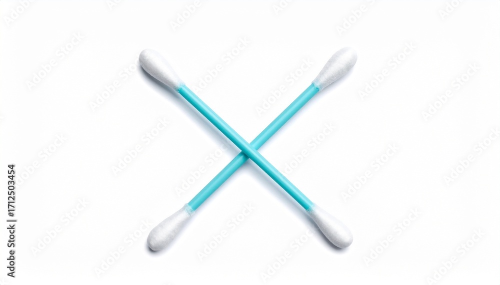 Obraz premium Two blue-handled cotton swabs—crossed in an “X” shape on a white surface—evoke crafted hygiene, symbolic precision, and the rhythm of minimal care and symmetrical clarity.