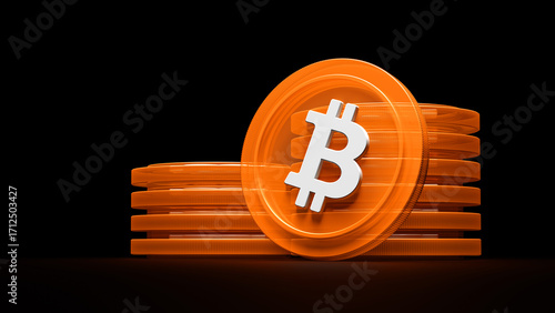 Stacks of Bitcoin cryptocurrency. BTC coins isolated on a black background. High-quality 3D rendering of tokens designed with a translucent finish and luminous effect.