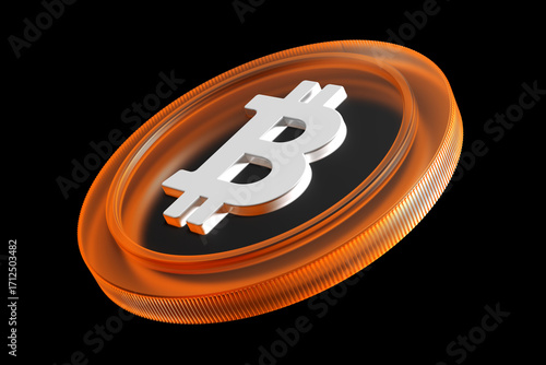 Cryptocurrency Bitcoin BTC 3D transparent coin isolated on black background. High quality 3D rendering suitable for cryptocurrency concepts.