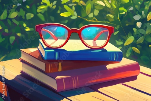 Red glasses rest on a stack of books on a wooden table, bathed in sunlight, against a backdrop of green leaves.