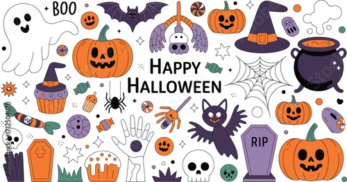 Whimsical Halloween illustration with pumpkins, ghosts, bats, and spooky elements