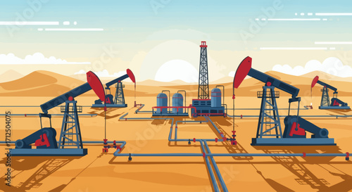 Oil field with pumpjacks and drilling rig in a desert landscape illustrating energy production and fossil fuels.