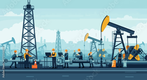 Oilfield workers and engineers collaborate at an oil rig site overseeing operations and managing equipment for petroleum extraction.