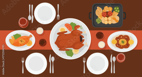 Overhead view of a festive dinner table set with a roasted chicken and various side dishes.