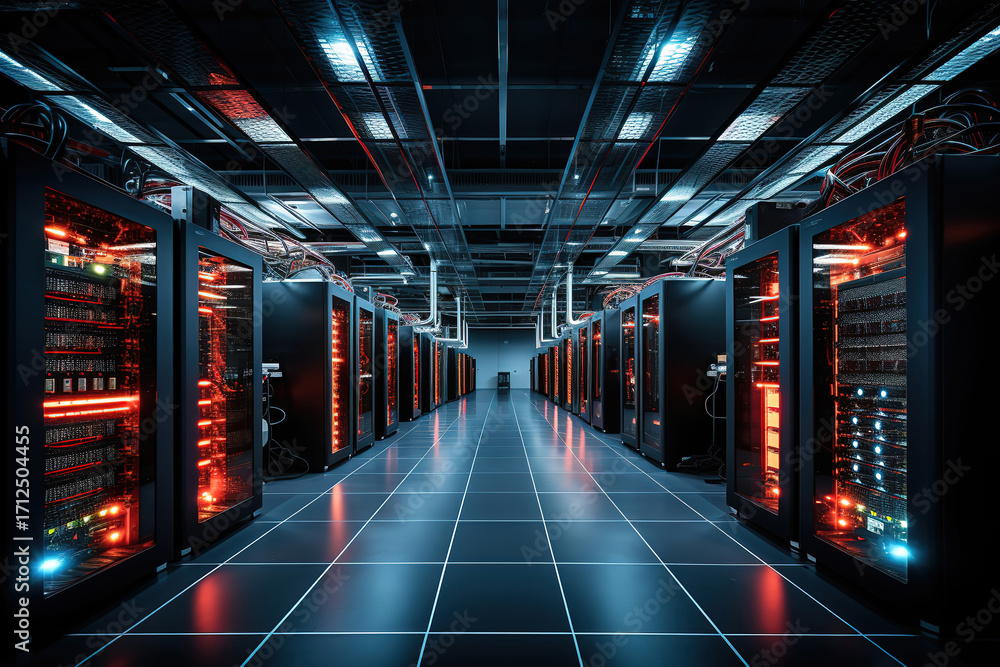 Fototapeta premium Dynamic view of a data center featuring rows of servers and red emergency lights blinking