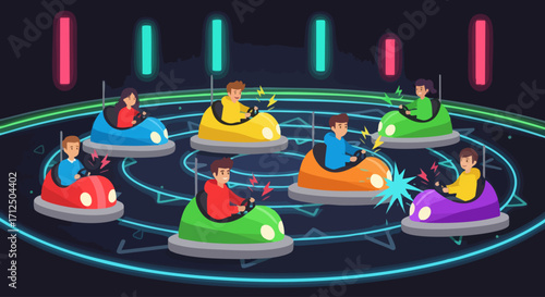 People Enjoying Bumper Cars at an Amusement Park.