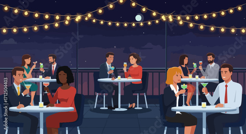 People enjoying drinks at a rooftop bar with string lights under the night sky.