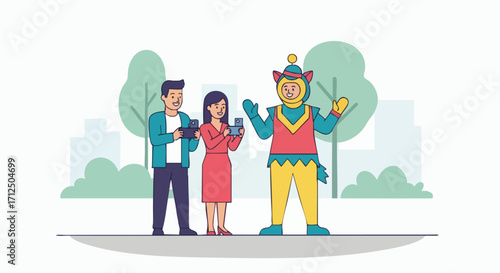 People interacting with a person in a monkey costume in a park setting.