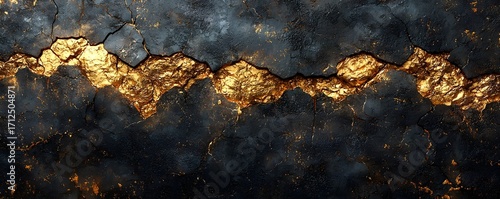 Abstract textured background with a dramatic crack filled with shiny gold evoking a sense of luxury and age