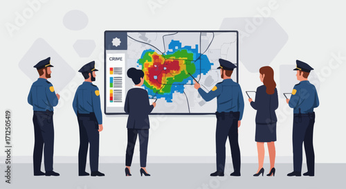 Police Officers Analyzing Crime Heat Map on Large Screen.