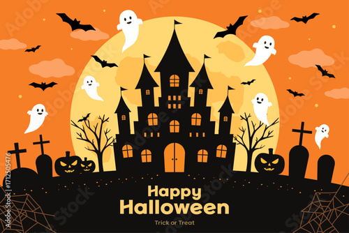 할로윈 일러스트_Happy Halloween Illustration with Haunted Castle, Ghosts, Bats and Pumpkins