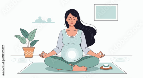 Pregnant Woman Meditating in Lotus Pose at Home.