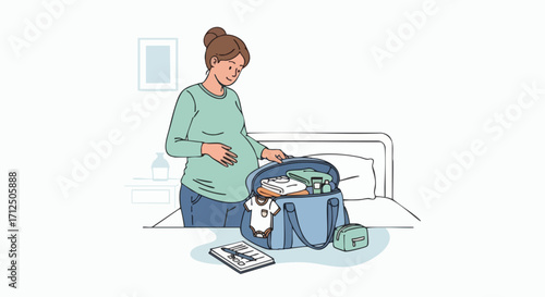 Pregnant woman packing hospital bag for childbirth.