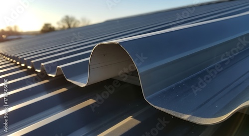 Close-up of a dark gray corrugated metal roof with a clear sky in the background, showcasing the texture and lines of the roofing material.