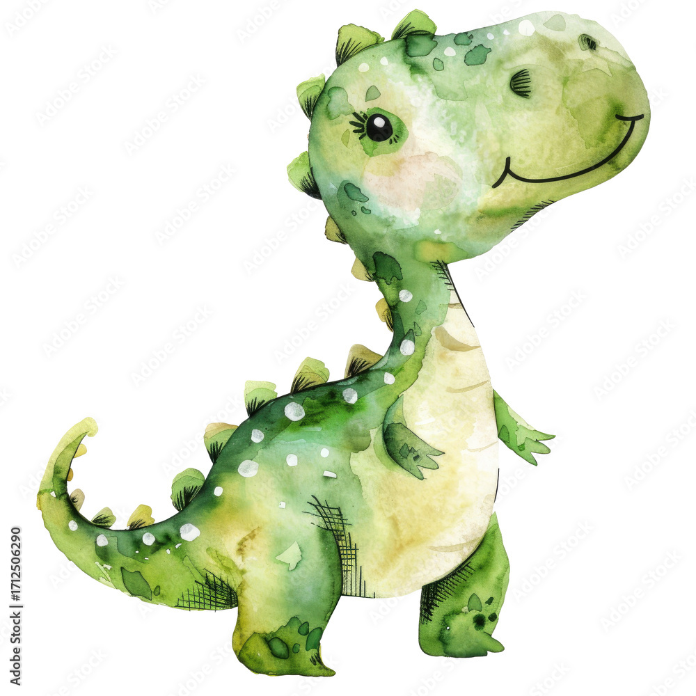 Fototapeta premium Cute green dinosaur character with a friendly expression and distinct features, suitable for children's illustrations or designs