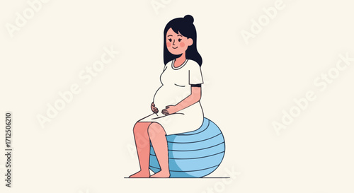 Pregnant woman sitting on a fitness ball embracing her belly with a gentle smile.