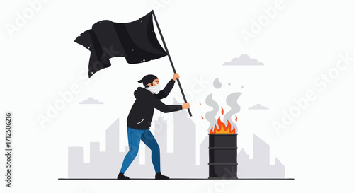 Protester with Black Flag and Burning Barrel.
