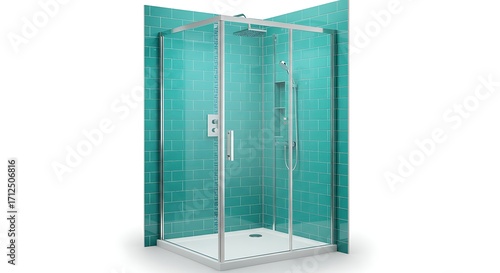 Modern Corner Glass Shower Cabin with Clear Panels and Vibrant Teal Background.
