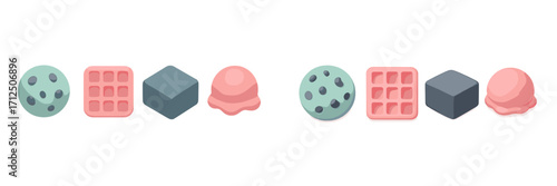 Playful pastel cookie, waffle, cube, and ice cream scoop in a seamless repeating pattern on a clean white background