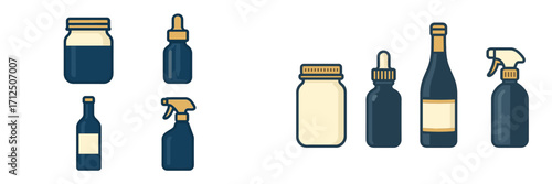 Various container shapes and sizes featuring jars, bottles, and droppers displayed in a neat arrangement on a white background