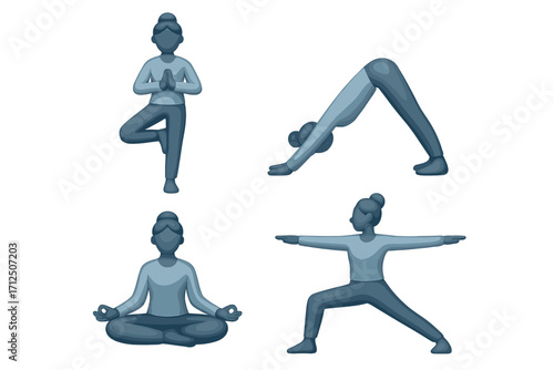 Various yoga poses illustrated by cartoon figures practicing mindfulness and fitness in a serene setting