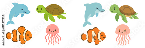 Colorful cartoon sea animals including dolphins, turtles, clownfish, and jellyfish in a playful underwater scene