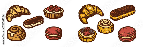 Delicious assortment of pastries including croissants, macarons, and tarts displayed on a colorful table