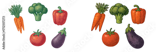 Fresh vegetables including peppers, broccoli, carrots, and eggplants arranged artistically on a white background