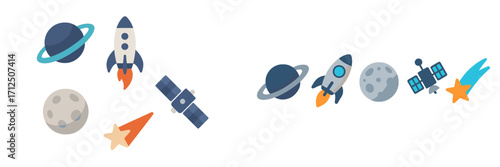 Colorful cartoon space elements including rockets, planets, and stars arranged in a dynamic layout