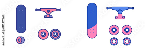 Skateboard parts layout showing deck, trucks, wheels, and bearings in colorful design on a white background