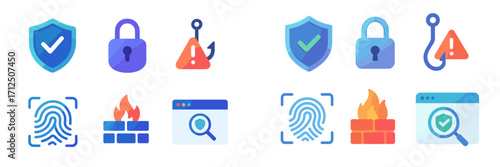Icons representing cybersecurity elements including locks, shields, and fingerprints shown in a fresh style