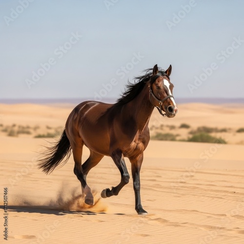 Majestic arabian horse galloping freely across the vast desert landscape gracefully
