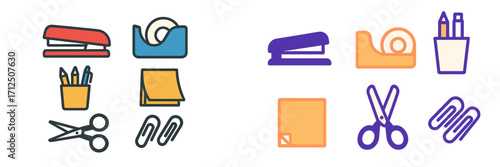Colorful office supplies arranged neatly on a white background, showcasing various tools and accessories for work and organization