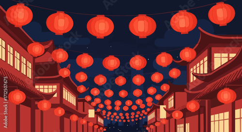Traditional Chinese Lanterns Illuminating a Night Street Scene.