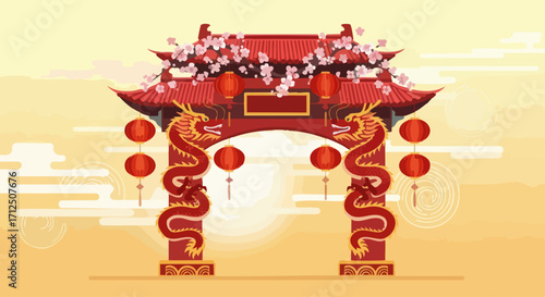 Traditional Chinese Archway with Dragons and Lanterns.