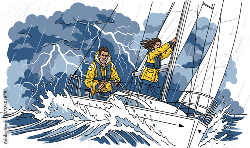 Sailboat in storm, dramatic sea, lightning sky, teamwork, adventure, resilience, ocean waves, rain jackets, sailing challenge, nautical danger, marine survival, stormy weather
