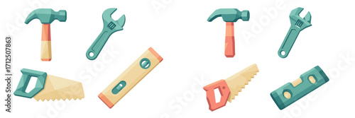 Variety of colorful cartoon tools displayed on a white background for building and repair tasks