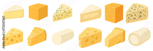 Various types of cheese displayed in a colorful arrangement on a white background showcasing different shapes and textures