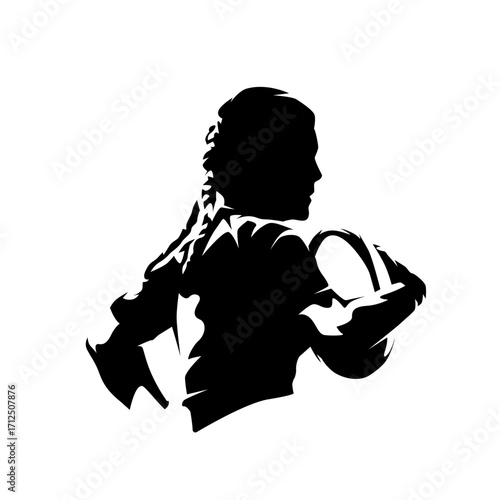 Rugby logo, woman running with rugby ball, abstract isolated vector silhouette, high contrast illustration
