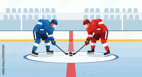 Two ice hockey players facing off in a professional stadium.