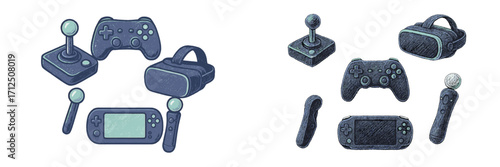 Collection of video game controllers and accessories in a vibrant, playful design showing modern gaming technology