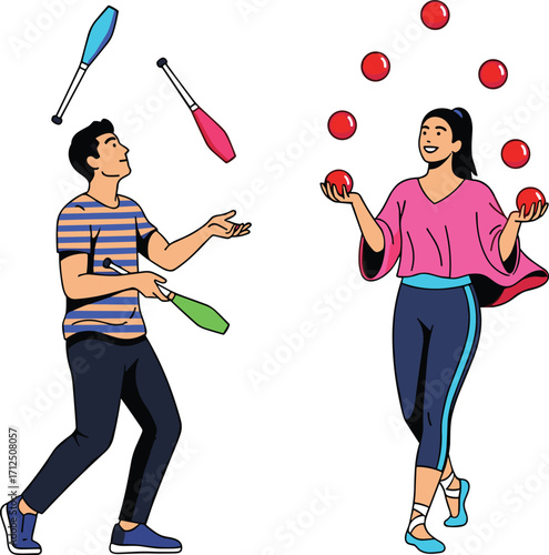 Juggling performance, circus talent, street entertainers, skilled jugglers, colorful clubs, red balls, coordination, athletic wear, dynamic motion, outdoor show, fun, vibrant