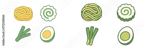 Colorful illustrations of vegetables and noodles arranged in pairs ideal for food-related projects, menus, or educational materials