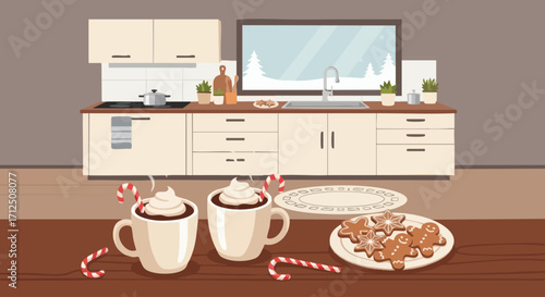 Two mugs of hot chocolate with whipped cream and candy canes on a table in a kitchen.