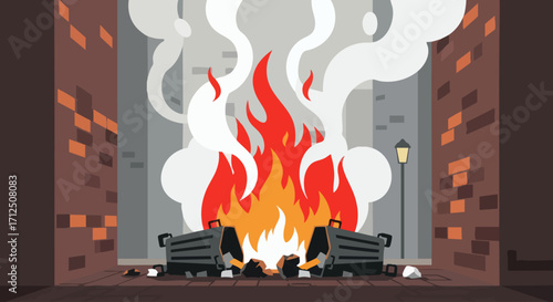 Urban Fire Scene with Burning Trash Cans and Smoke.