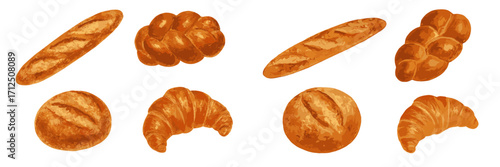 Varieties of freshly baked bread arranged on a white background showcasing different shapes and textures