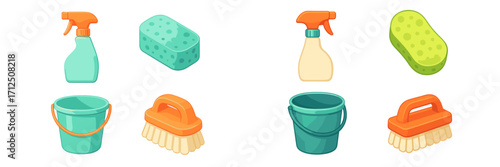 Cleaning supplies arranged neatly showing spray bottles, sponges, and buckets for effective home cleaning tasks