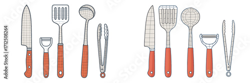 Kitchen utensils collection featuring a variety of cooking tools with orange handles arranged neatly