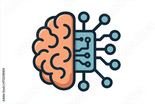 Artificial intelligence concept with human brain and circuit board. AI symbol for machine learning, deep learning, neural network. Brain-computer interface technology icon.